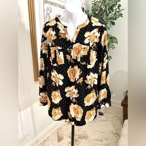 EUC NOTATIONS Black Long Sleeve Tunic Top w/ Golden Flowers & Polka Dots Size M